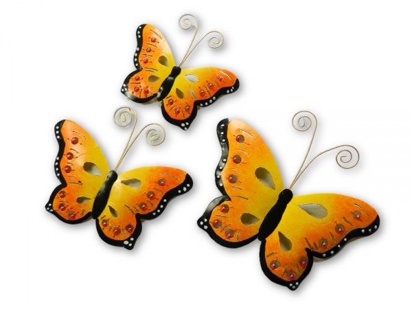 Metal Butterfly Wall Art - Orange - Set of 3